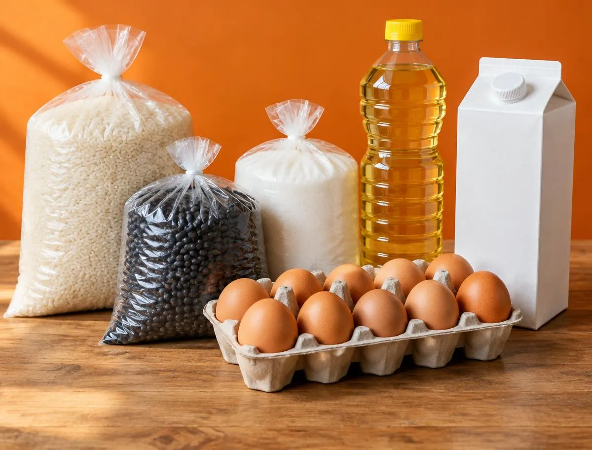 Bolsas de arroz, frijol y azúcar junto a una botella de aceite y huevos