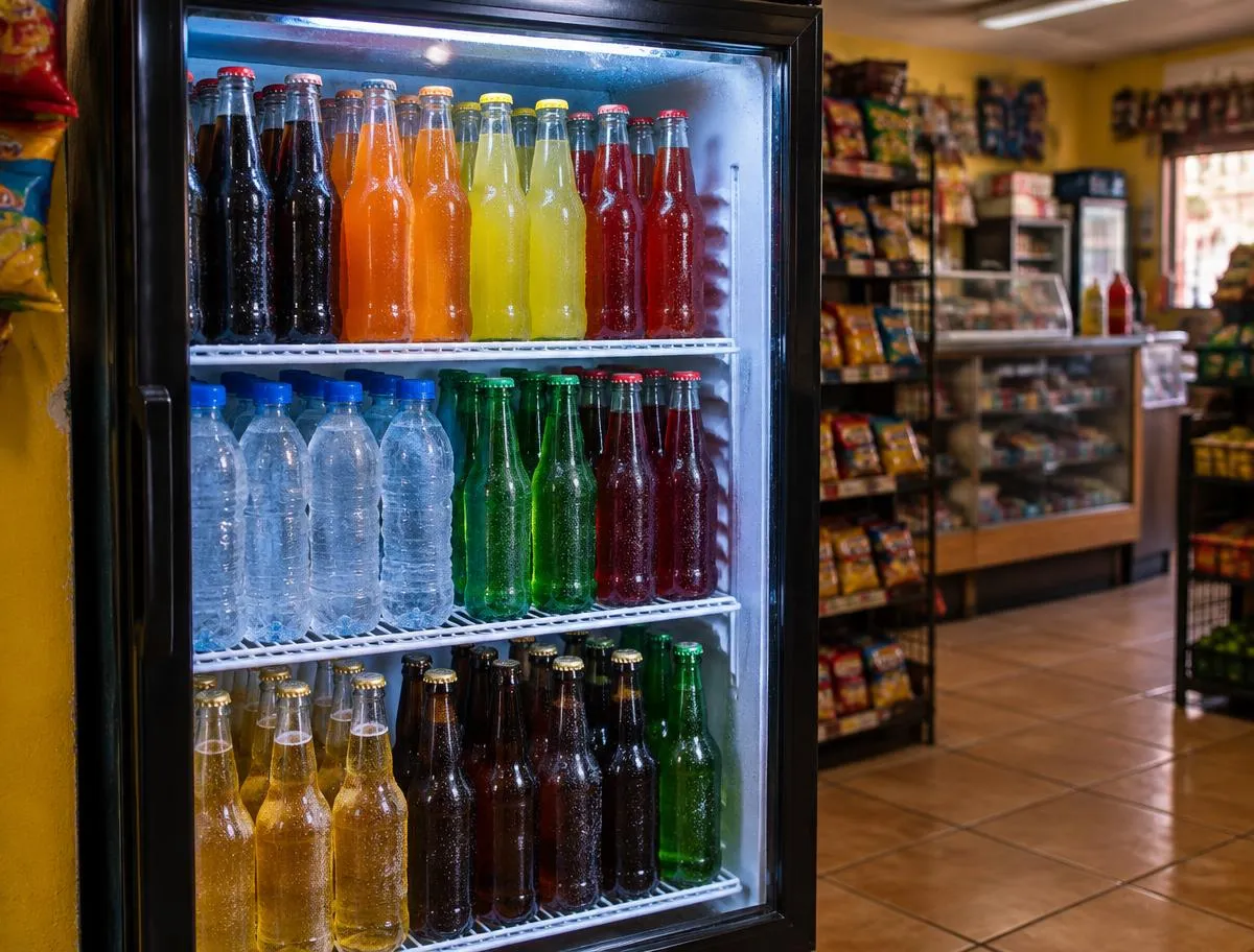 Refrigerador con botellas de refresco, agua y cerveza