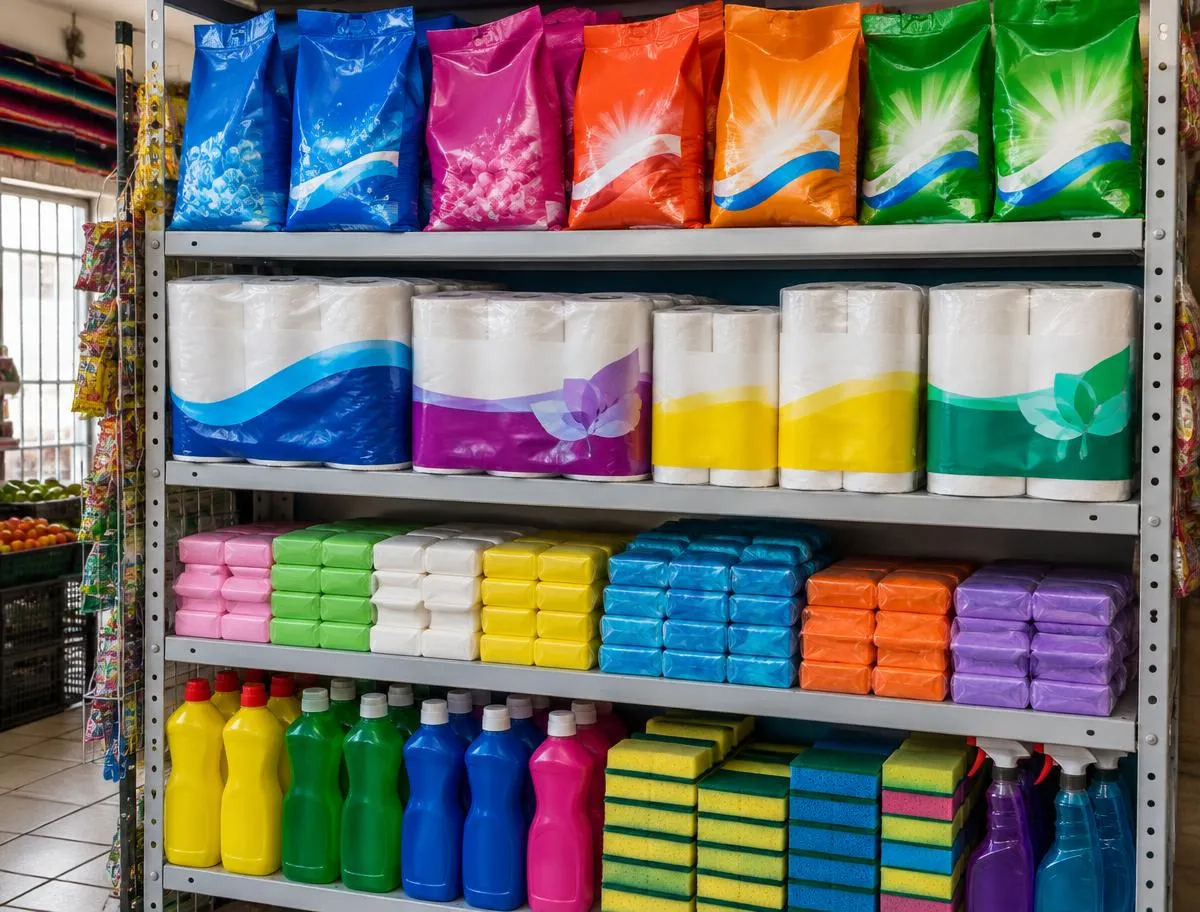 Anaquel con bolsas de detergente, paquetes de papel higiénico y jabones