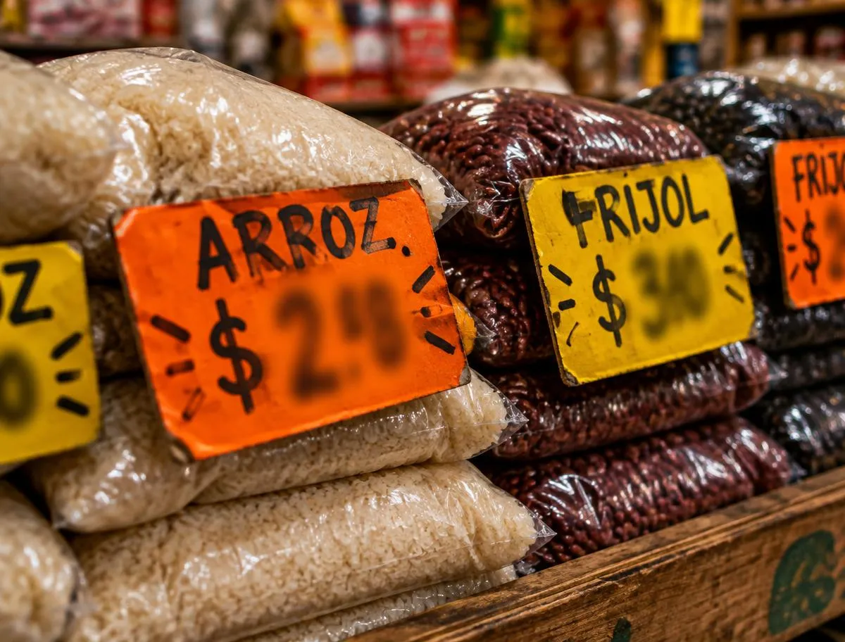 Etiquetas de precio sobre bolsas de arroz y frijol (imagen ilustrativa)