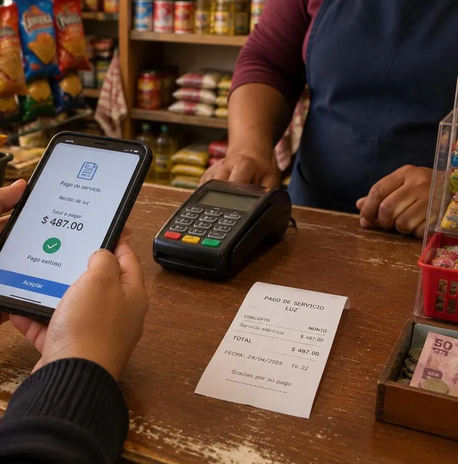Persona pagando un servicio con su teléfono en el mostrador de una tienda