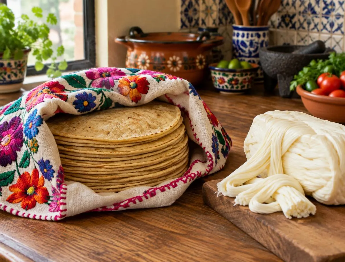 Tortillas de maíz envueltas en una servilleta bordada junto a queso Oaxaca